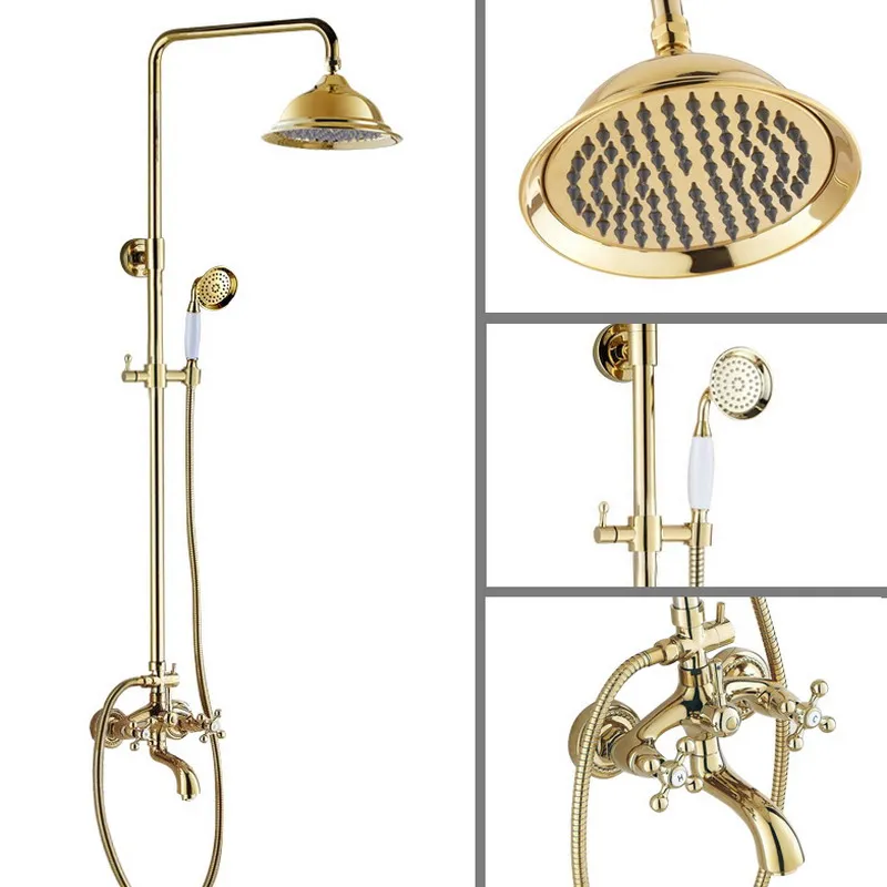 Gold Color Brass Two Cross Handles Wall Mounted Bathroom Rain Shower Head Bath Tub Faucet Set Telephone Shape Hand Spray mgf453