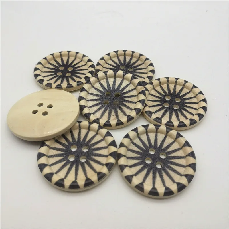 10pcs 30mm/40mm Large Wood Buttons 4 Holes Black Star Patterns Round Sewing Embellishments Cardmaking Scrapbook Bag Decorations