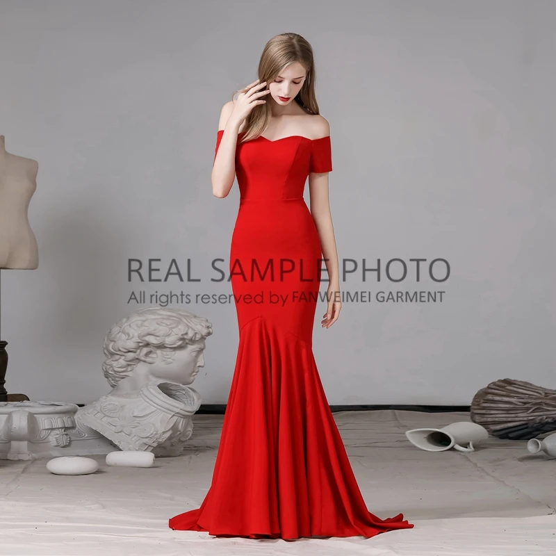 970# 100% Real Photos Off Shoulder Plain Red Satin Mermaid Evening Dress Prom Gown Enaggement Party Dress Customized image 3
