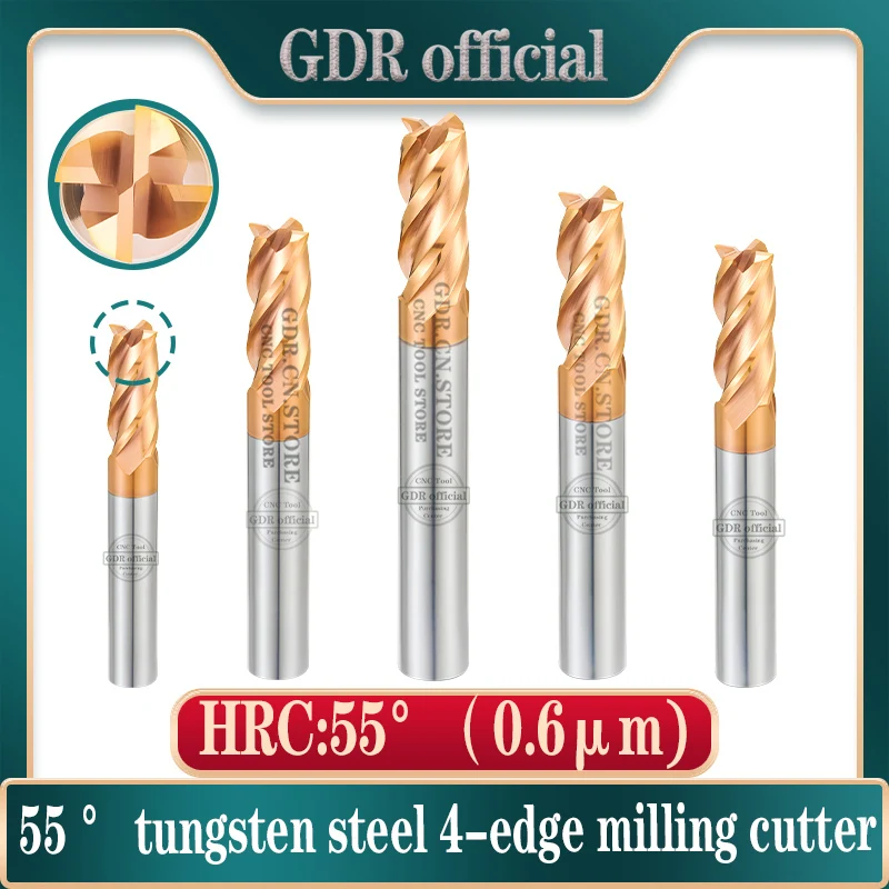 HRC55 Carbide End Mill 4Flutes Milling Cutter Tungsten Milling Cutter Alloy Tungsten Steel Cutting Tool  Endmills