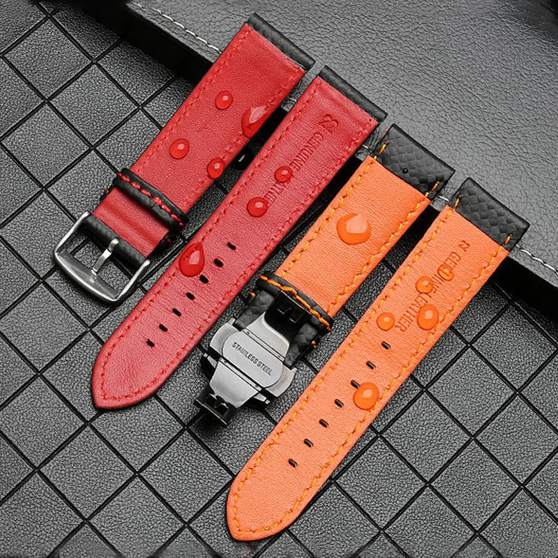 18mm 20mm 21mm 22mm 23mm 24mm Carbon Fiber Pattern Leather Watch Strap  Black Red Orange Stitching Watchband Men\'s watch accesso