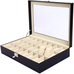 24 Slot PU Leather Watch Box Watches Case Jewelry Display Storage Organizer Box With Key & Lock Glass Top Gift For Men Women