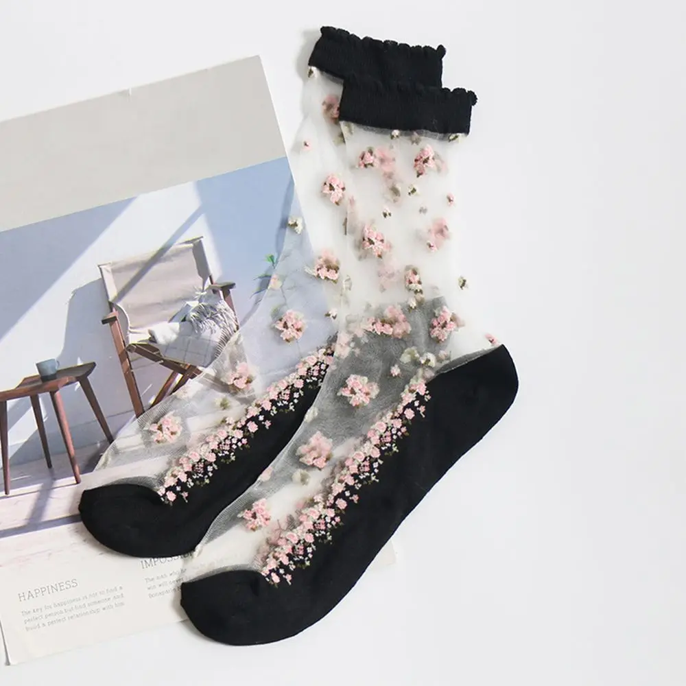 Calcetines transpirables ultrafinos para mujer, medias cortas elásticas de seda de encaje transparente con cristales y flores rosas, 1 par