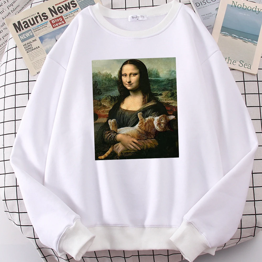 Famous Painting Mona Lisa Hold Cat Print Men Hoodies Soft Oversize Hoody Casual Autumn Sweatshirts Loose Soft Women Pullover Top