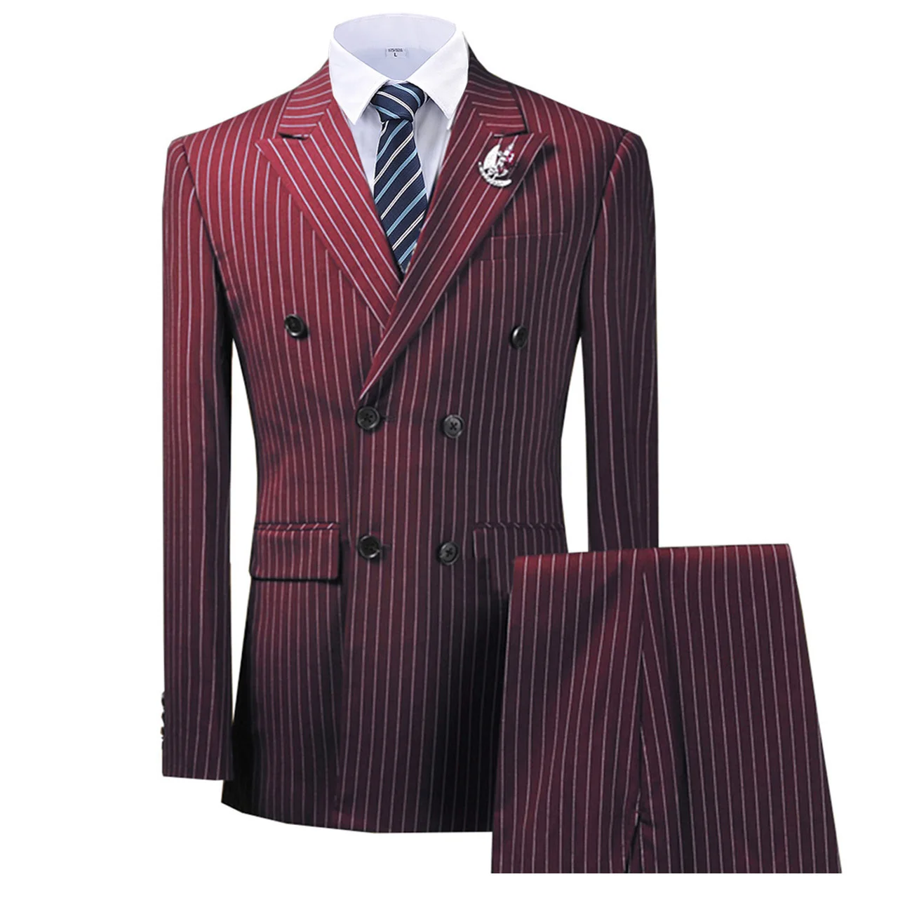 

Double Breasted Peak Lapel Stripes Burgundy Blazer Two Pieces Mens Suit with Pants Formal Navy Jacket For Wedding Groom Tuxedos