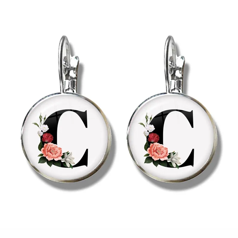 جديد بسيط A-Z 26 الإنجليزية الأبيض خلفية زهرة إلكتروني أقراط الأولي اسم إلكتروني تصميم زجاج دائري أقراط النساء #5