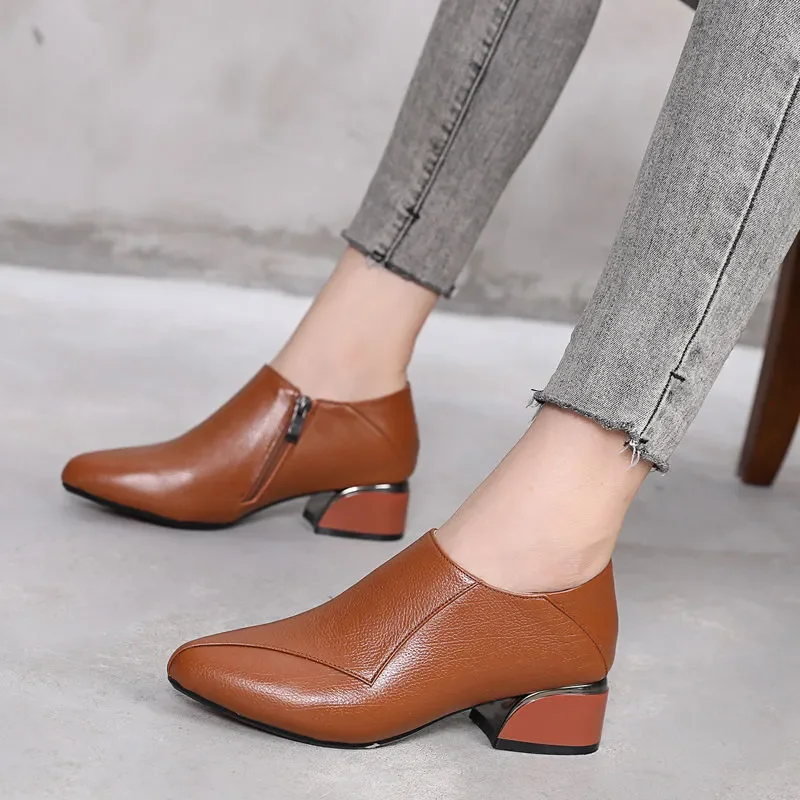 GKTINOO Pointed Toe Mid Heels Women 2024 Autumn Single Shoes Woman Soft Genuine Leather Shoe Square Heel Female Side Zip