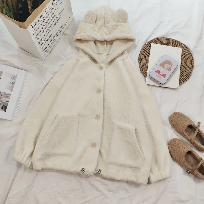 Jackets Women Kawaii Hooded Winter Korean Soft College Single Breasted Girls Outwear Coats Simple Sweet Female Clothing