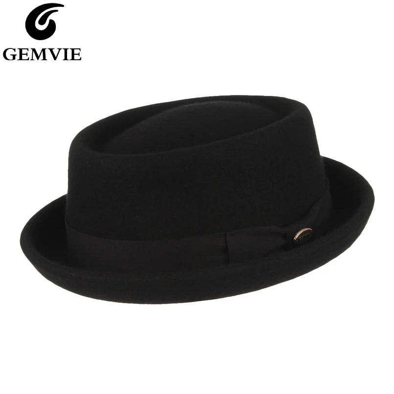 GEMVIE-Sombrero de fieltro 100% de lana para hombre y mujer, sombrero de Fedora de Porkpie, visera curvada Vintage, sombrero de lana de Pie de