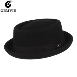 GEMVIE-Sombrero de fieltro 100% de lana para hombre y mujer, sombrero de Fedora de Porkpie, visera curvada Vintage, sombrero de lana de Pie de cerdo, Otoño e Invierno