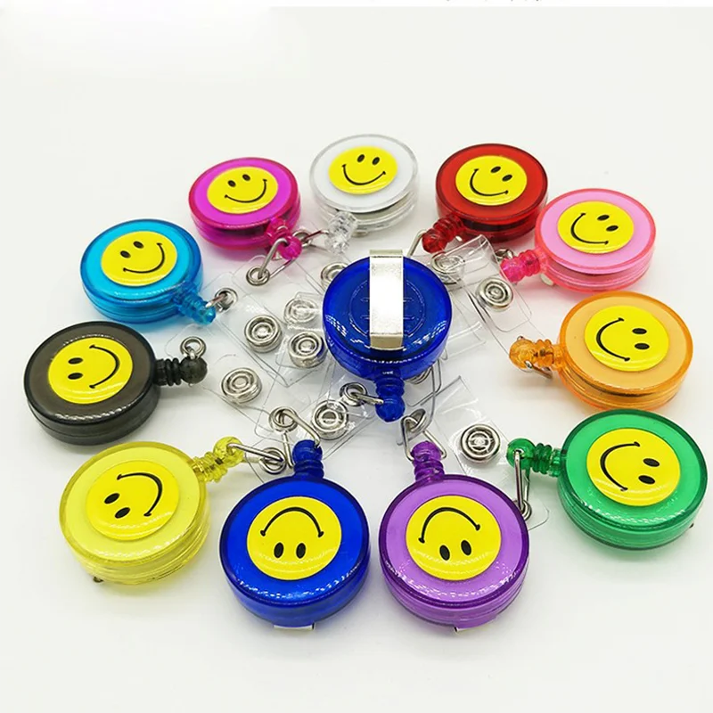 10pcs Smile Cute Retractable Clip with Lanyard Buttons Badges Reel for School Office Strap Credentials Supplies ID Card Holder