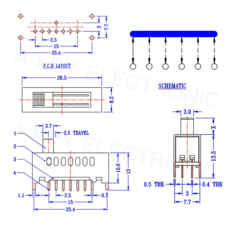 SS-17F01 (1P7T) Handle Height 5mm 7-gear Toggle Switch 4 fixed pins 10 pin vertical straight plug