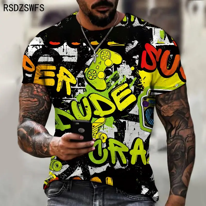 Game handle graffiti Street trend printing T-shirt full body 3D printing Fashion Top Fun abstract shape letter Tshirt Tees Tops