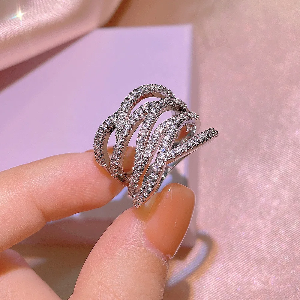 925 Sterling Silver High Quality Multi-Layer Diamond Ring Female Joint Korean Simple Personality Birthday Party Jewelry Ring