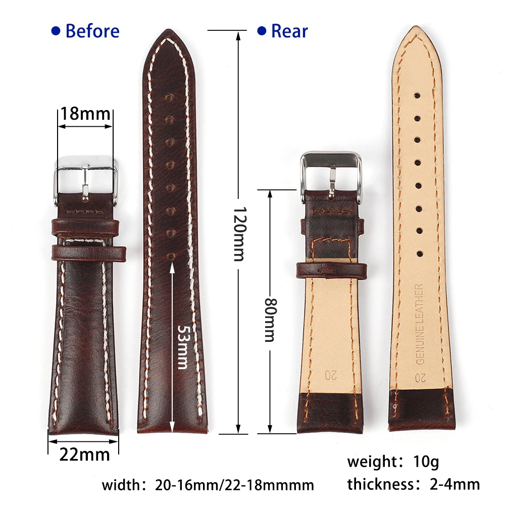 Retro Cowhide Watch Strap 20mm 22mm Red Brown Dark Coffee Half Arch Discolour Oil Wax Genuine Leather Watchband Replacement Belt