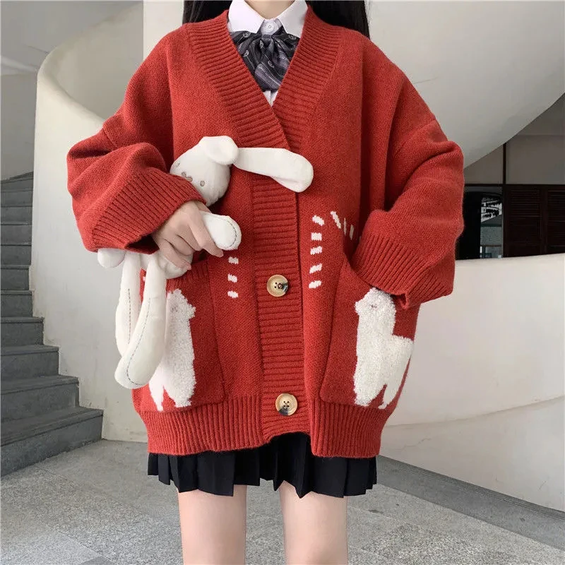 Cute Print Oversized Cardigan Woman Sweater Korean Style Loose Big Pocket Knitted Sweater Autumn Winter V-neck Warm Sweater Coat