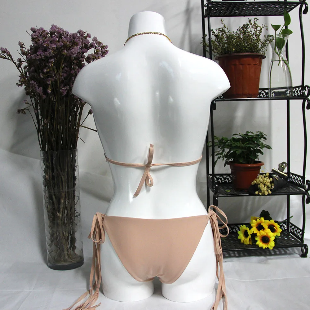 Sexy Sequin Lace Split Strappy Swimsuit Women Rhinestone Bikini Befree Body Two piece Beach Party Lace Up champagne ColorBikini