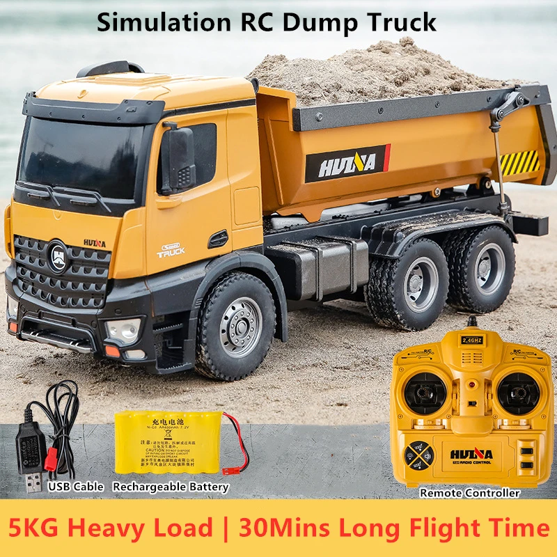 5KG Heavy Load RC Dump Truck Six Wheel 4WD Automati Unload Lift Bucket Hydraulic Boom LED Lights 30Mins Flight Time RC Truck Toy