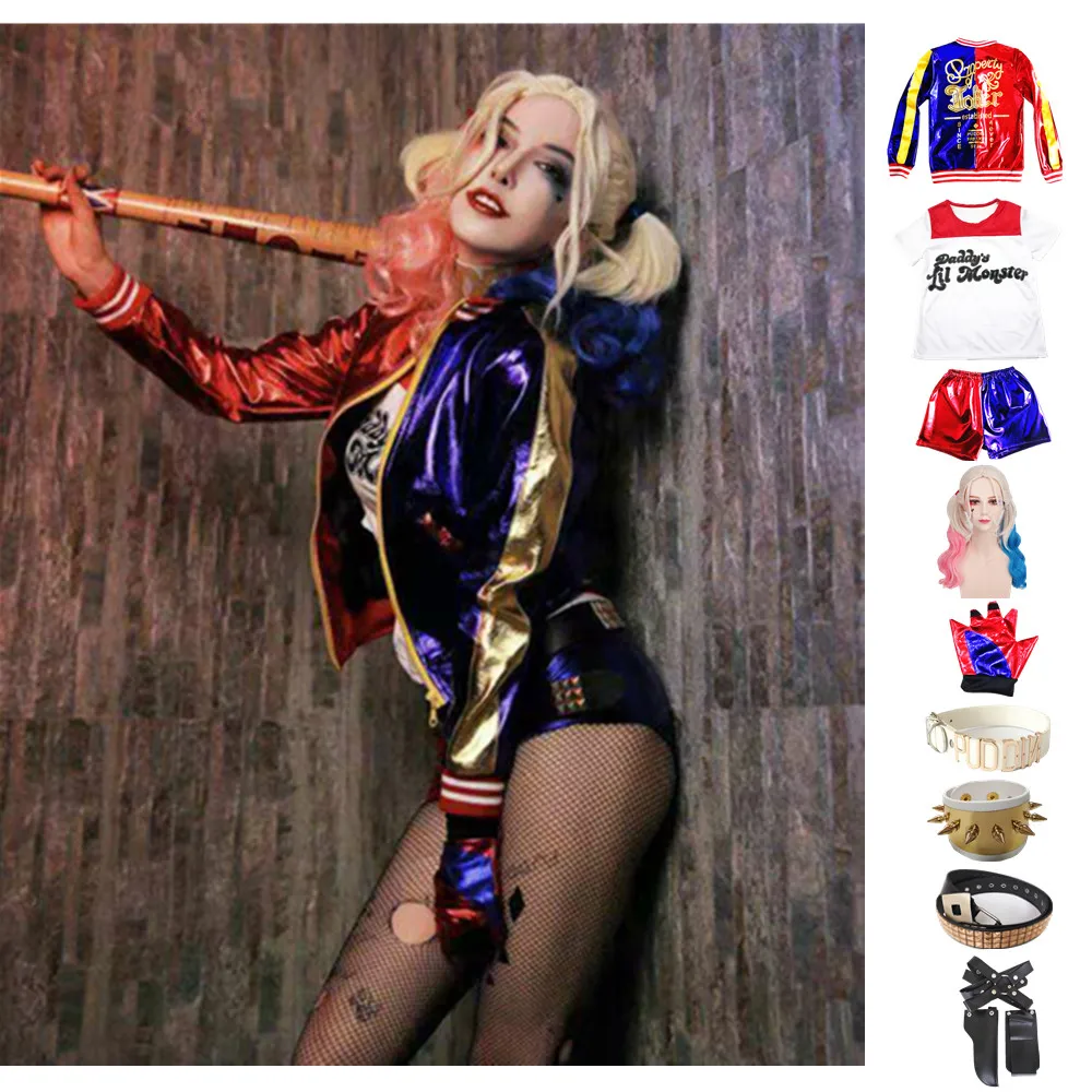 Karneval Frauen Erwachsene Fantasia Arlequina Cosplay Kostüme Харли Куинн Jacke Hosen Sets Party Kleidung