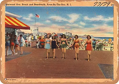 Metal Sign - New Jersey Postcard - Norwood Ave. Beach and Boardwalk, Avon-by-The-Sea, N. J. - Vintage Rusty Look Wall Decor for