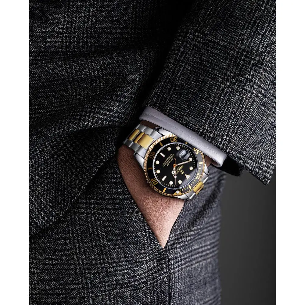 TEVISE Top Brand Luxury Black Golden Waterproof Clock Stainless Steel Date Dispaly Luminous Mens Automatic Mechanical Wristwatch