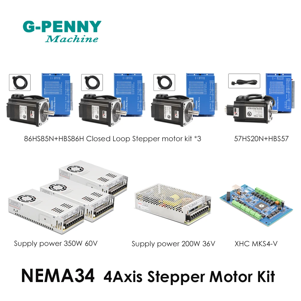 

Nema34/23 4Axis CNC controller kit 86*85 57*20 closed loop motor+MKS/XHC/ET/DDCSV3.1 Controller+Power 350W60V+200W36V