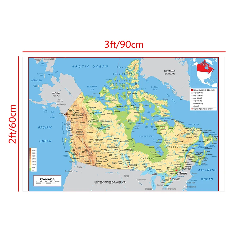 كندا الطبوغرافية خريطة باللغة الفرنسية 90*60 سنتيمتر قماش لوحات الملصقات والمطبوعات صور فنية للجدران الدرجة غرفة لوازم