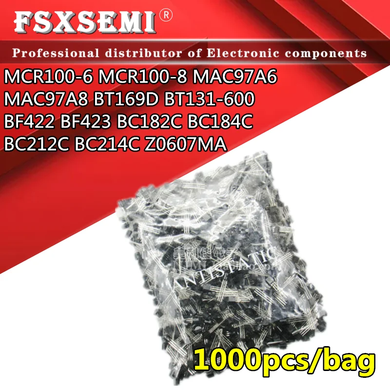 

1000pcs MCR100-6 MCR100-8 MAC97A6 MAC97A8 BT169D BT131-600 BF422 BF423 BC182C BC184C BC212C BC214C Z0607MA triode TO-92