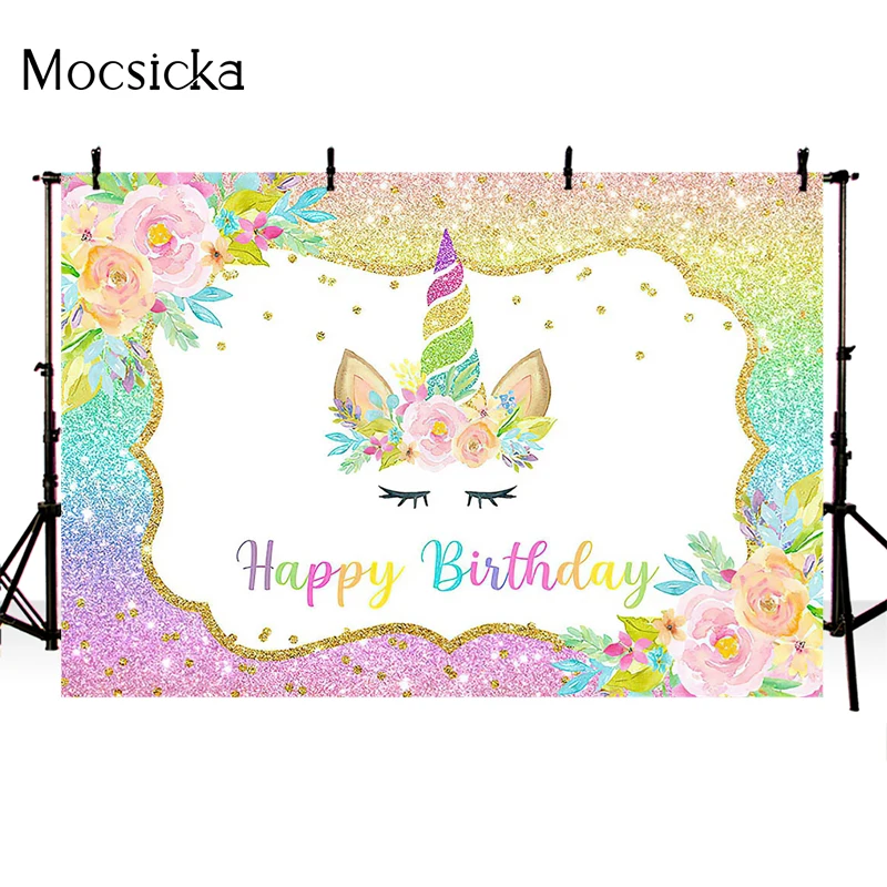 Mocsicka Unicorn Theme ถ่ายภาพพื้นหลังสีดอกไม้ประดับตกแต่ง Props วันเกิด Party ฉากหลังรูปภาพสตูดิโอ