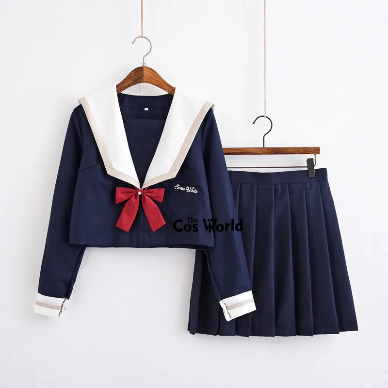 [Snow White] White Navy Blue Summer Navy Sailor Suit Tops Skirts JK High School Uniform Class Uniform Students Cloth