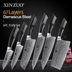 XINZUO 6PCS Knife Set VG10 Damascus Steel Slicing Chef Santoku Carving Big Cleaver Meat  Paring Kitchen Knife Set G10 Handle