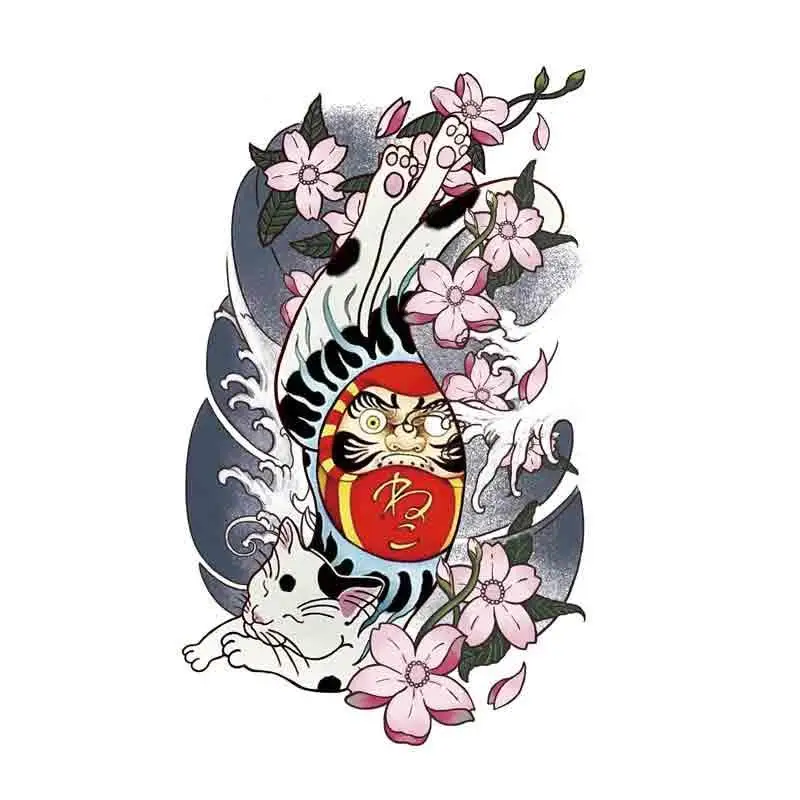 Japanese Cat Temporary Tattoo Stickers Female Lasting Cherry Blossom Art Fake Tattoos Waterproof Antique Geisha Tattoo Stickers