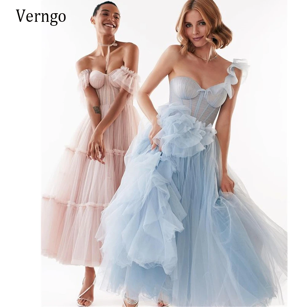 Verngo – robe de bal de forme trapèze en Tulle, tenue élégante, épaules dénudées, Slim, cintrée, Corset à désosser, longueur thé, robes de fête