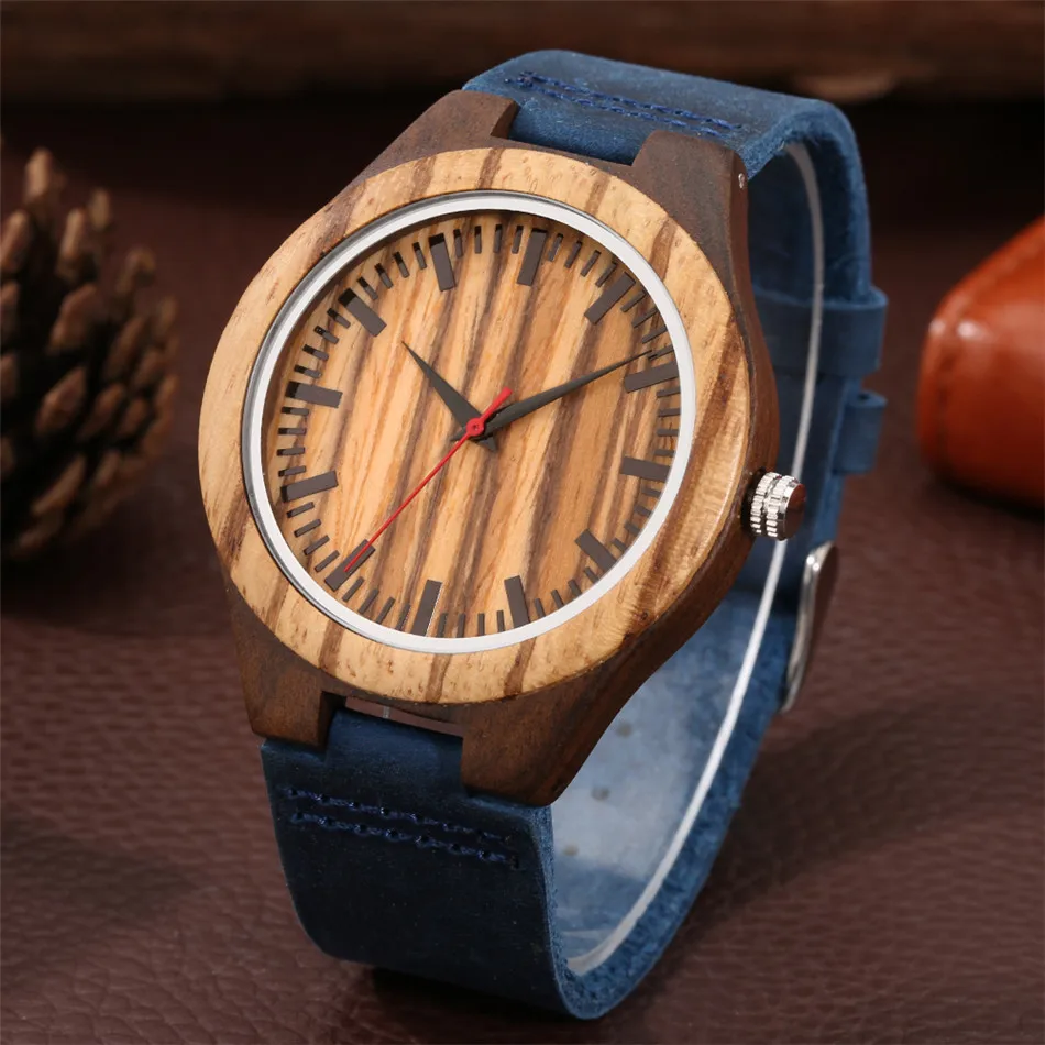 Classic Zebra Wood Men Watch Red Seconds Display Blue Genuine Leather Quartz Mens Wristwatch