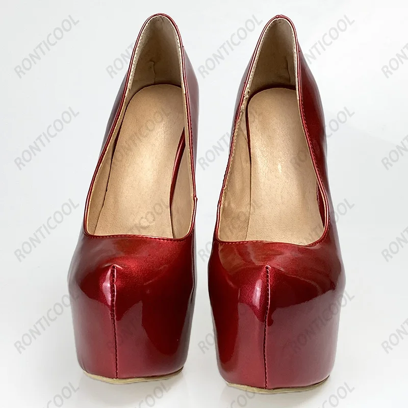 Ronticool New Women Platform Shiny Pumps Stiletto Heels Round Toe Pretty Red  Night Club Wear Heels Shoes US Plus Size 35-52