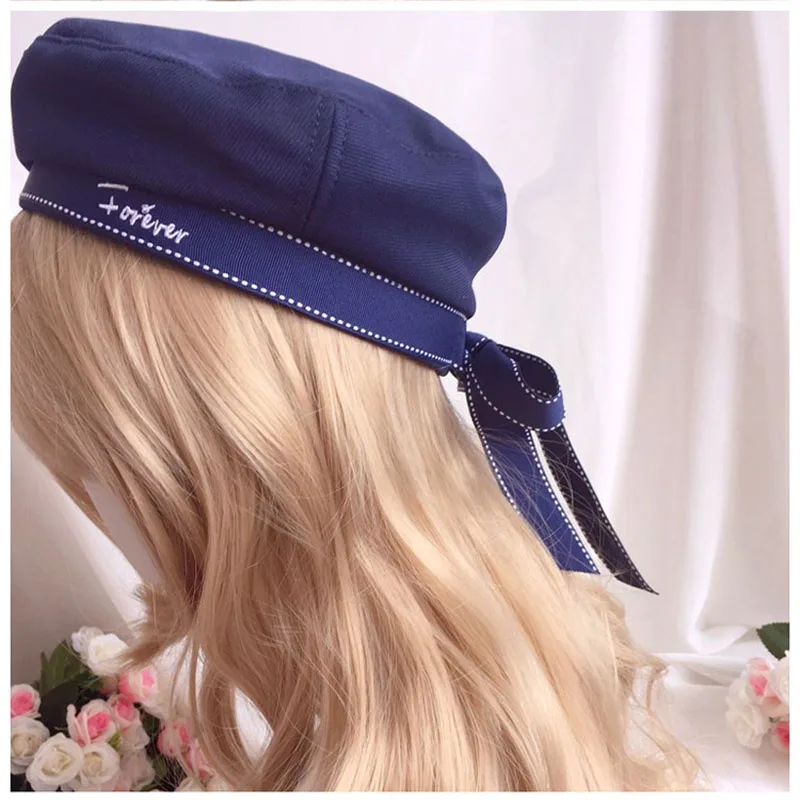 LOLITA ribbon bow navy beret blue white hat