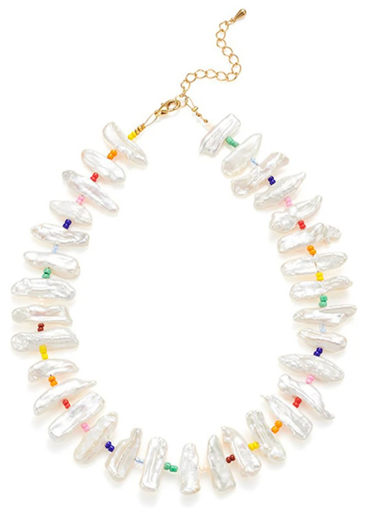

HABITOO Natural Rare White Baroque Lute Pearl Necklace 18inchs Colorful beads Vintage Fashion Statement Jewelry for Women
