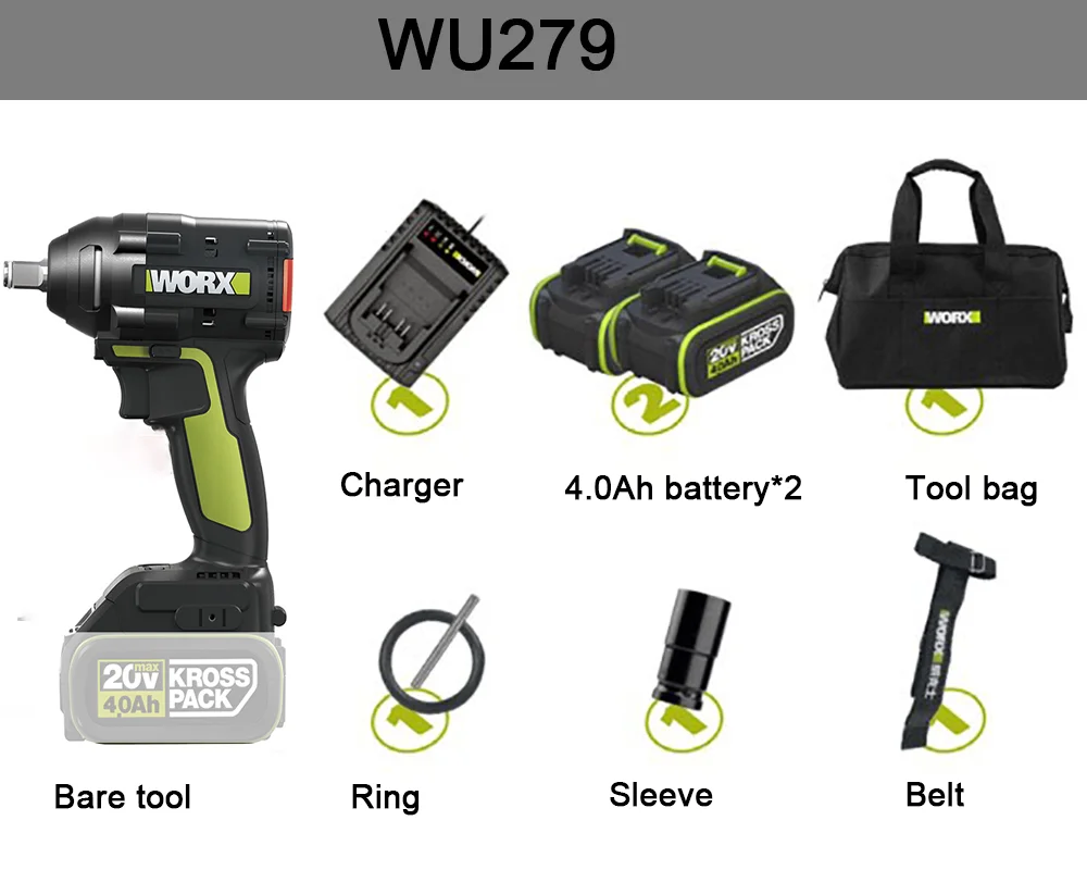 WORX WU279 20V 360Nm Cordless Impact Wrench Brushless Motor Lithium Battery Premium Quality professional Cordless Impact Wrench