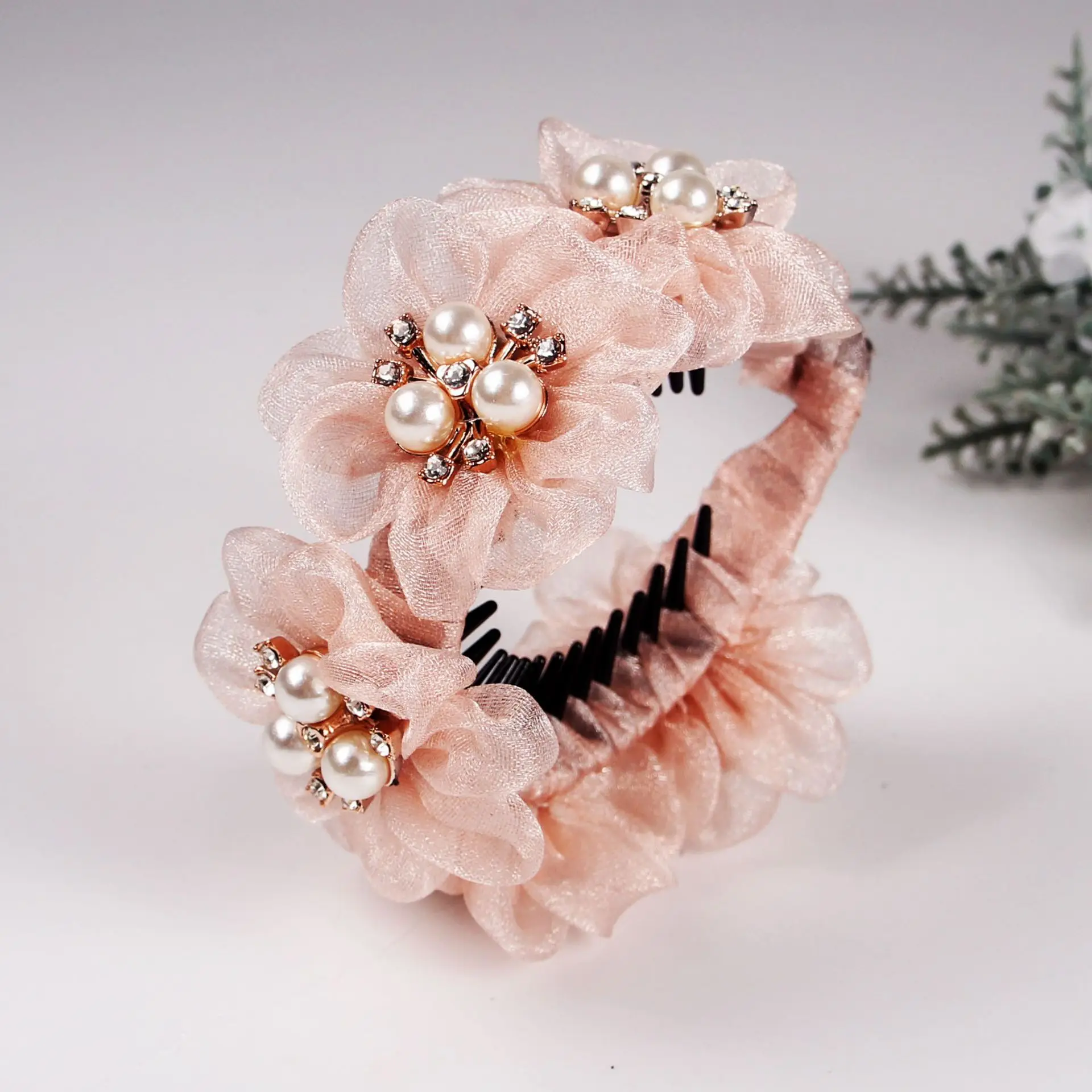 Bando Rambut Sutra Sanggul Jepit Rambut Mode Aksesori Kepang Rambut Wanita Jepit Rambut Pisang Updo Bunga Kepala dengan Bunga untuk Rambut