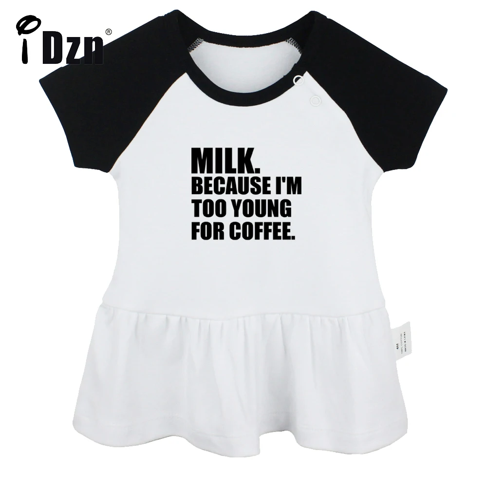 Milk Because I'm Too Young For Coffee Baby Girls Funny Short Sleeve Dress Infant Cute Pleated Dress Soft Cotton Dresses Clothes