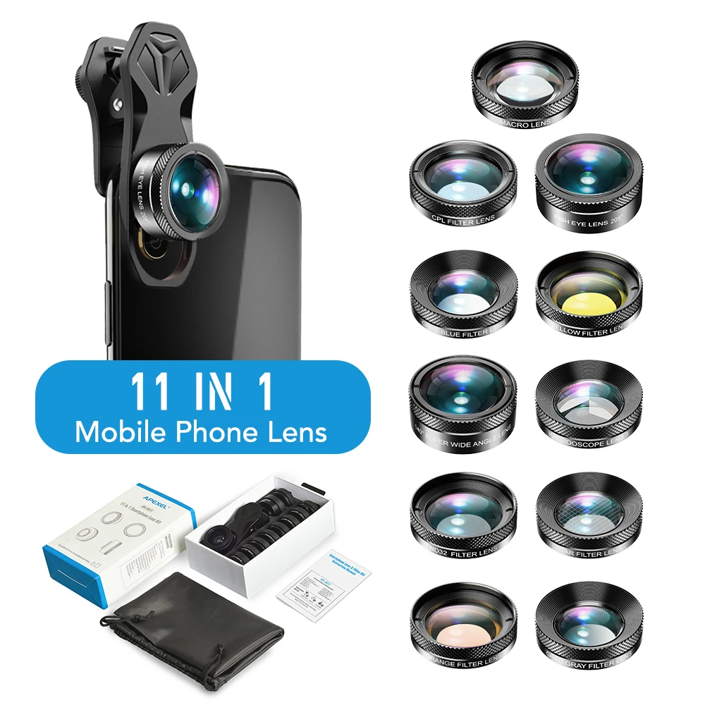 APEXEL 11 in 1 camera Phone Lens Kit wide angle macro Full Color/grad Filter CPL ND Star Filter for iPhone Xiaomi all Smartphone