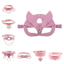 Women Sexy Costumes of Erotic Leather Cat Eye Ears Mask Accessory with Choker Necklace for Fetish Couples Flirt Intimacy Goods