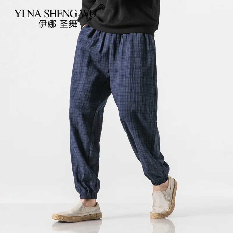 

Autumn New Style Improved Chinese Style Men Cotton and Linen Buckle Small Feet Pants Men's Large Size Plaid Printed Loose Pants