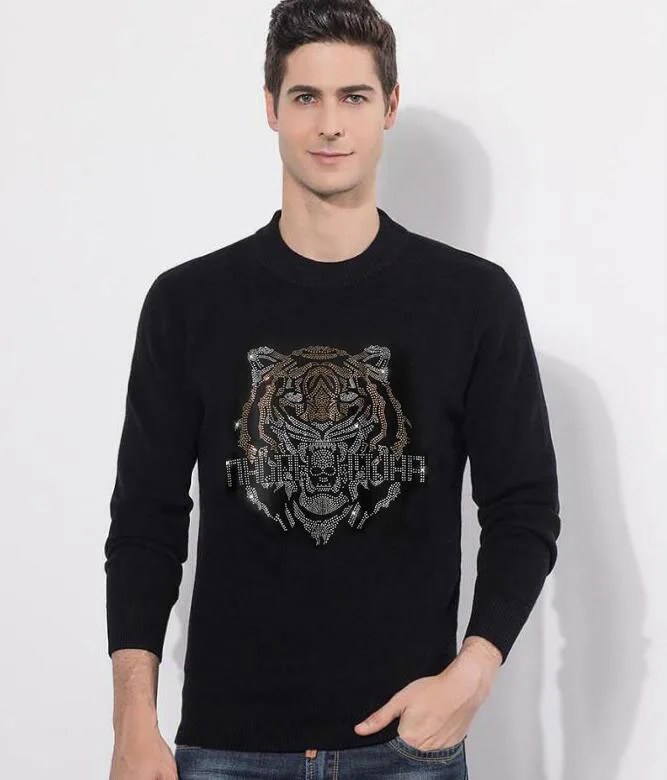 メンズスリムフィットラインストーンセーター、素敵なロゴ入り長袖Oネック、快適なカジュアルホットドリルセーター