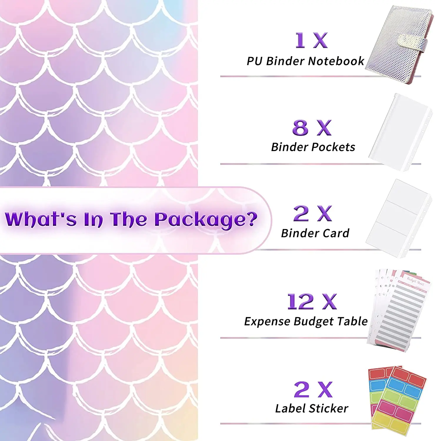 A6 PU Leather Binder Shiny Planner Organizer, Budget Cash Envelopes,Expense Budget Sheets,A6 Binder Zipper Pockets for Budgeting