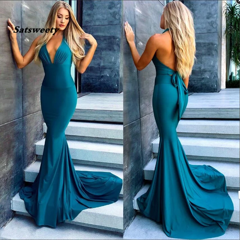 Turquoise Blauwe Zijsplit Zeemeermin Bruidsmeisje Jurken Lange Sexy Backless Trouwjurk V-Hals Bruid Bruidsmeisje Jurken