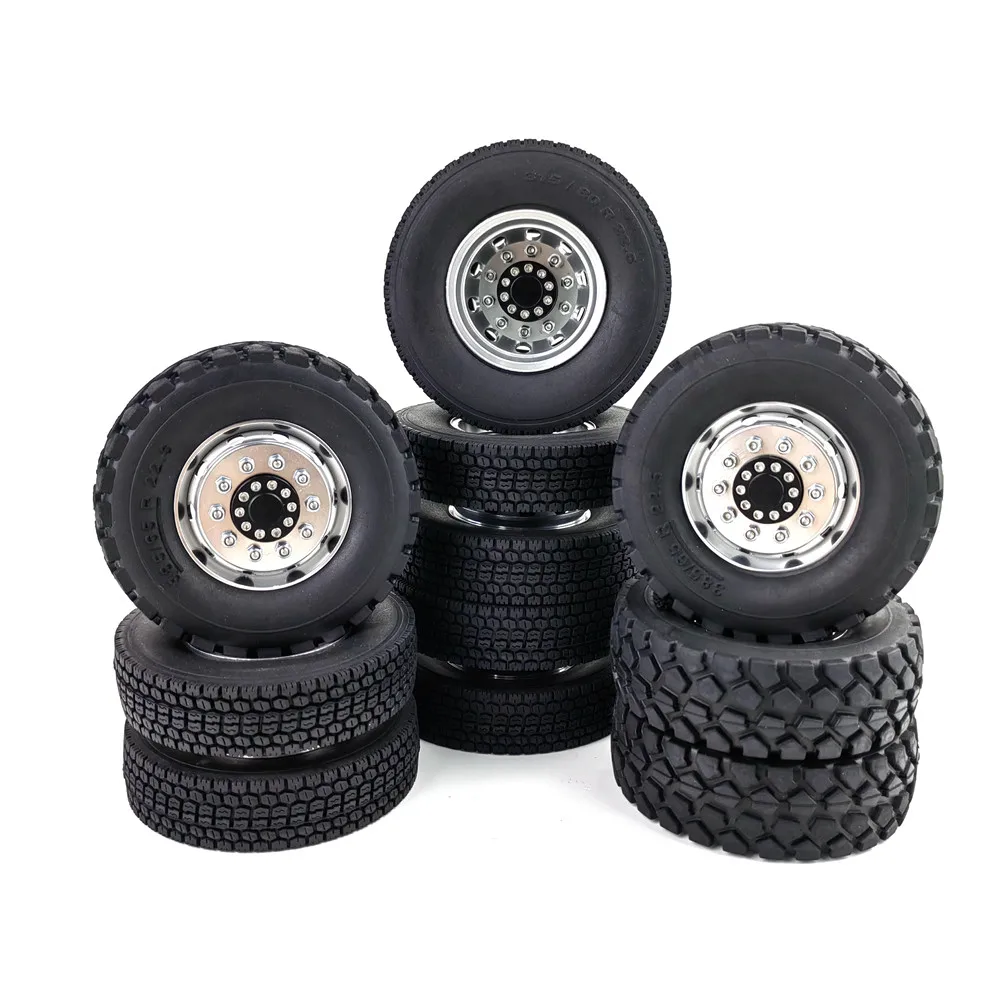 TRINOOD 8PCS Front & Rear Wheel Tires Complete Set Metal Wheel Hub Rubber Tyre for 1/14 Tamiya RC Tractor Truck 8x8 Car Parts