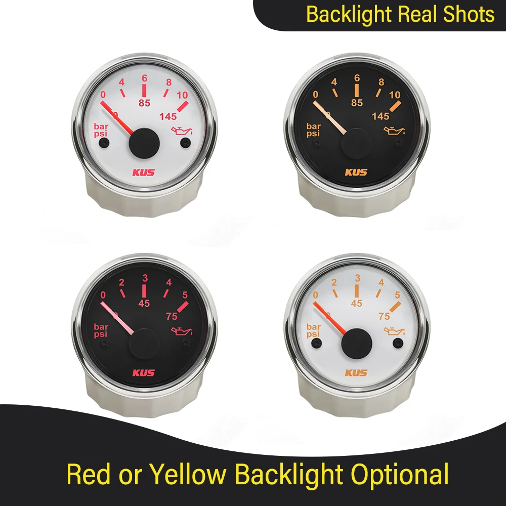 KUS Newest 52mm Boat Car Oil Pressure Gauge Meter 0-5bar(0-75 PSI) 0-10 bar(0-145 PSI) with Red/Yellow Backlight 12V 24V