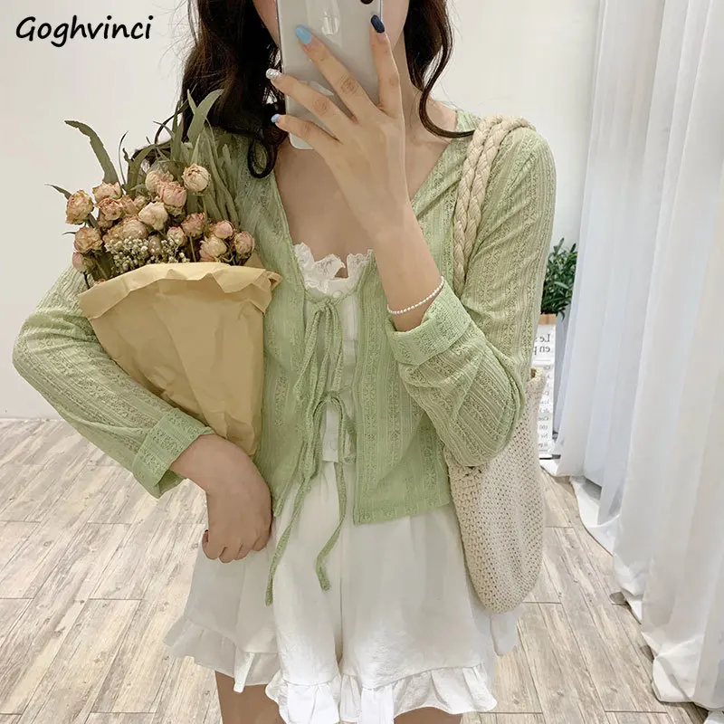 

Lace-up Hollow Out Cardigans Women Long Sleeve Loose Gentle Fairy Thin Knitted Sweaters Mori-girls Korean Style Sweet Top Mujer