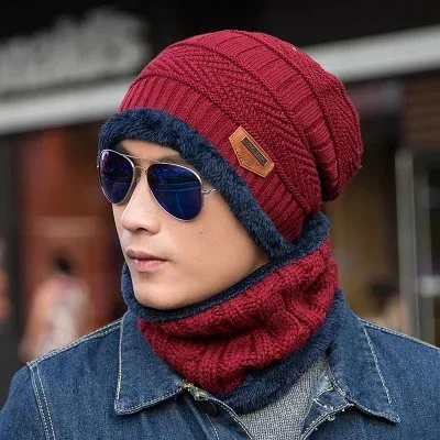 

Fashion Outdoor Autumn and Winter Men's Beanies Plus Woolen Hat Thickened Hedging Hats and Scarf Two-piece Knitted Woolen Cap